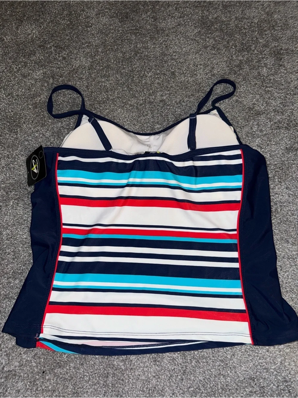 Women’s Athletech Striped Swim Top in Navy, Turquoise & Red NWT Size 14